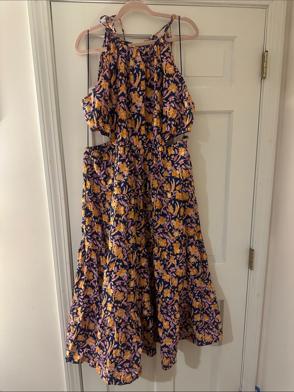 J. Crew Navy Halter Cut-Out Floral Dress with Yellow & Pink Blooms